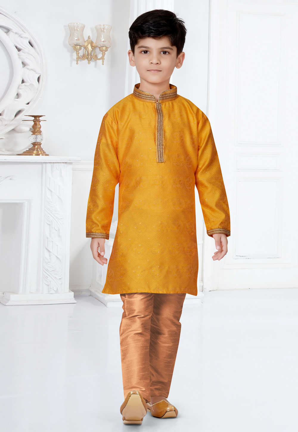 Yellow Jecquard Readymade Kids Kurta Pajama 252170