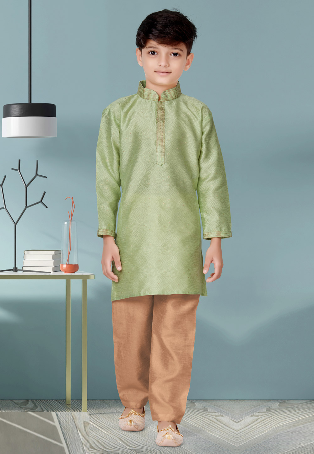 Sea Green Jecquard Readymade Kids Kurta Pajama 252171