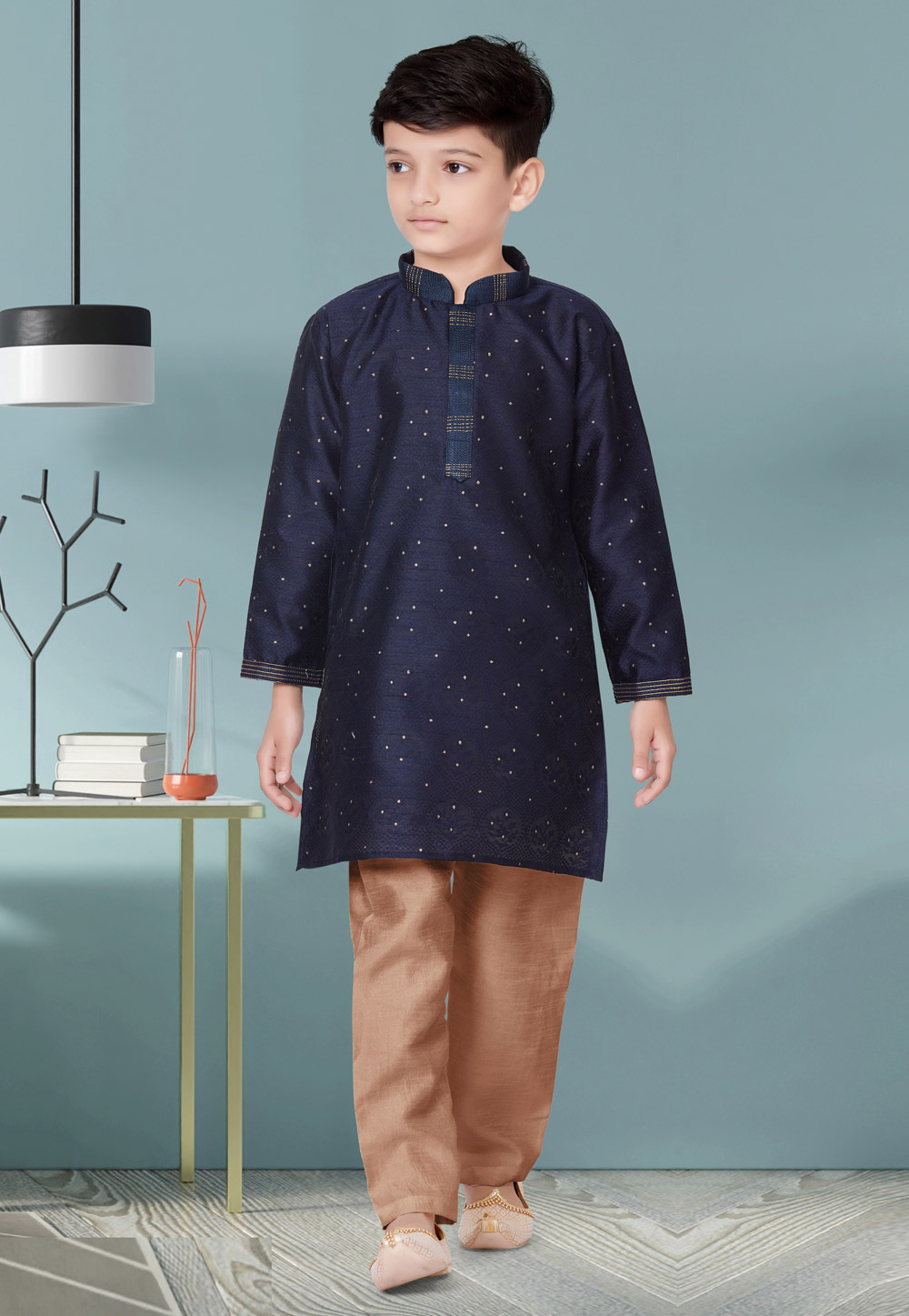 Navy Blue Jecquard Readymade Kids Kurta Pajama 252173