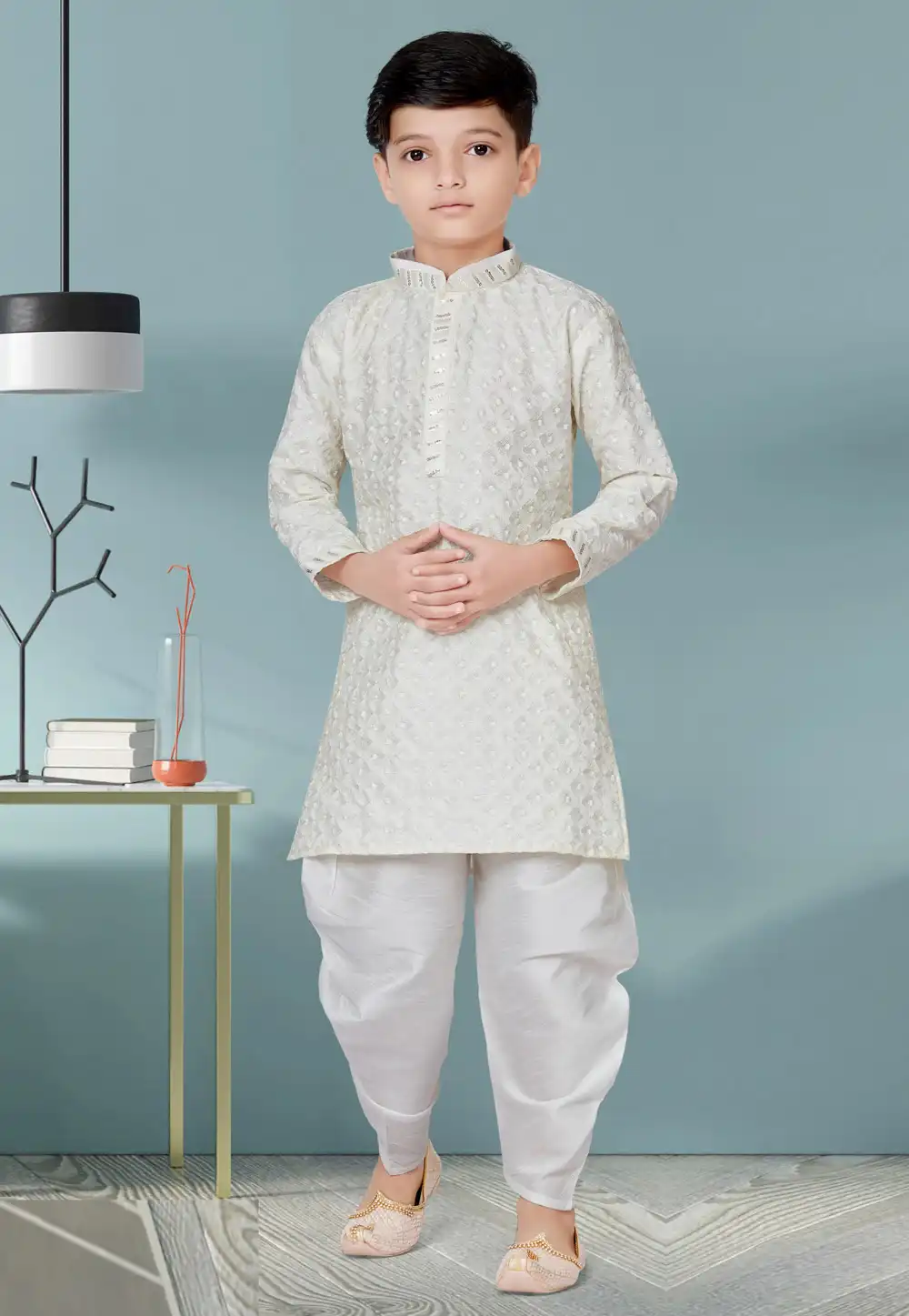Off White Jecquard Readymade Kids Kurta Pajama 252175