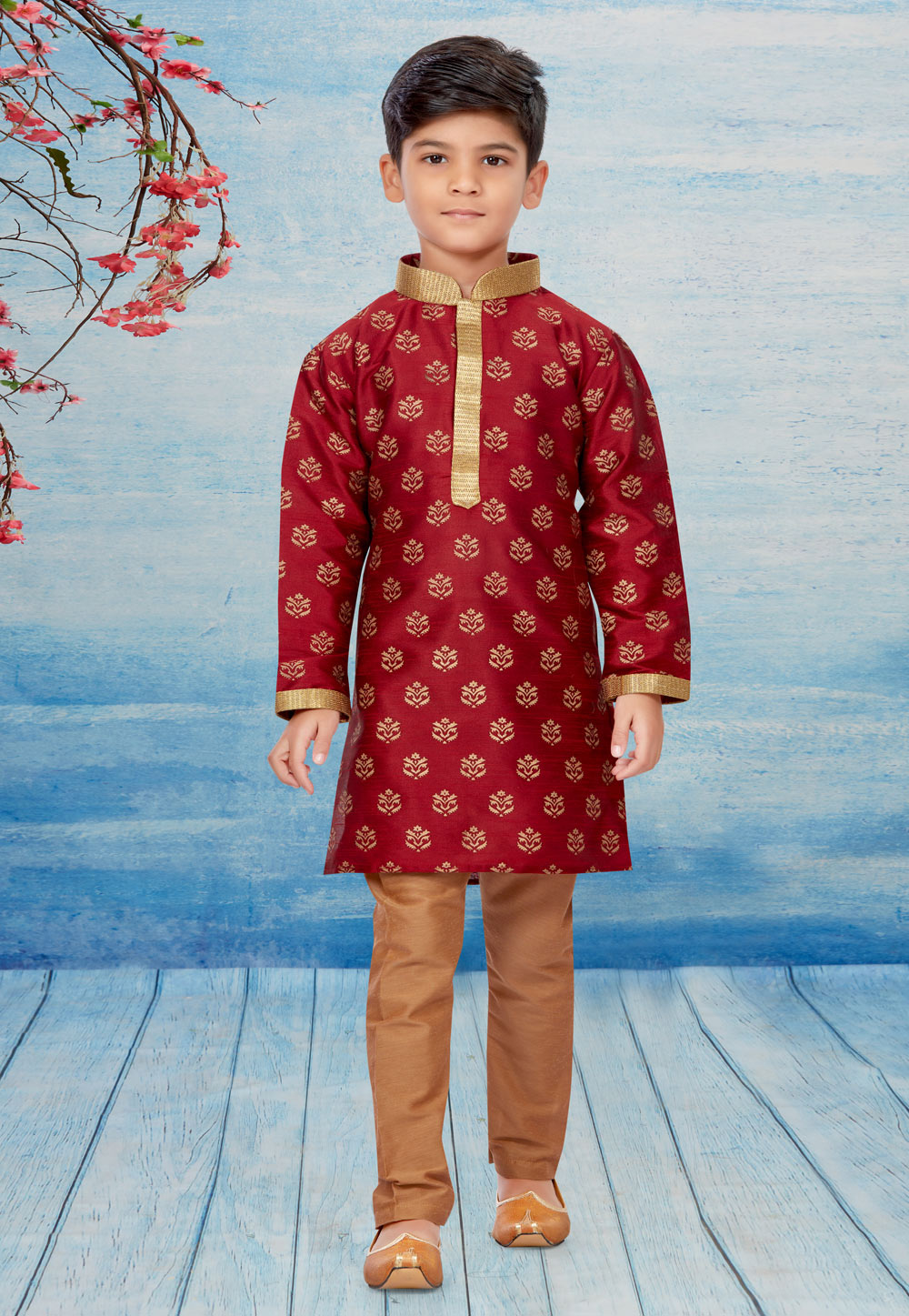 Maroon Silk Readymade Kids Kurta Pajama 257037