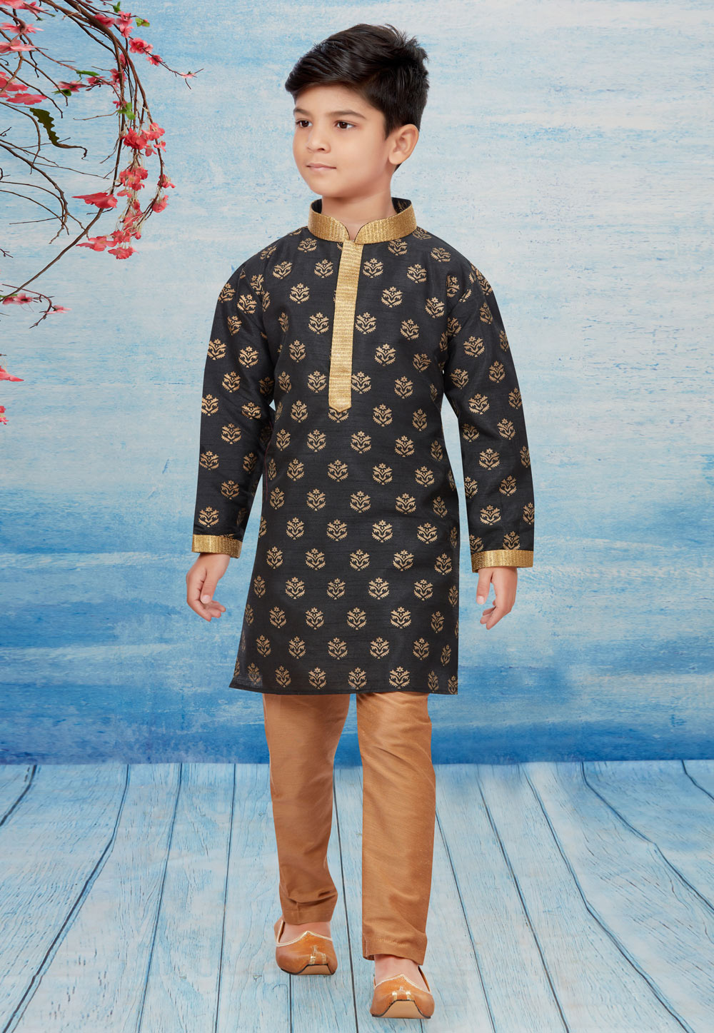 Black Silk Readymade Kids Kurta Pajama 257038