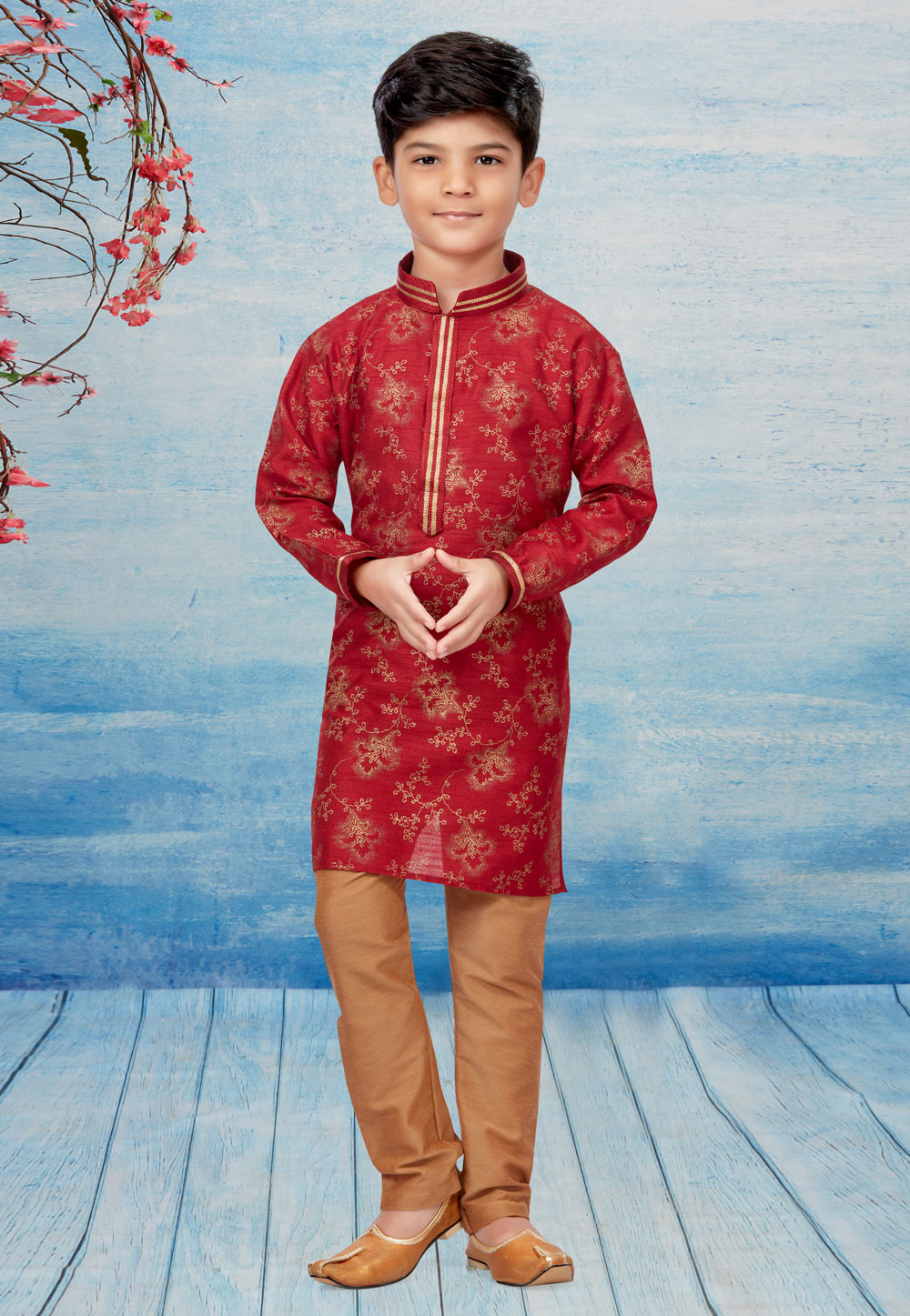 Maroon Silk Readymade Kids Kurta Pajama 257045