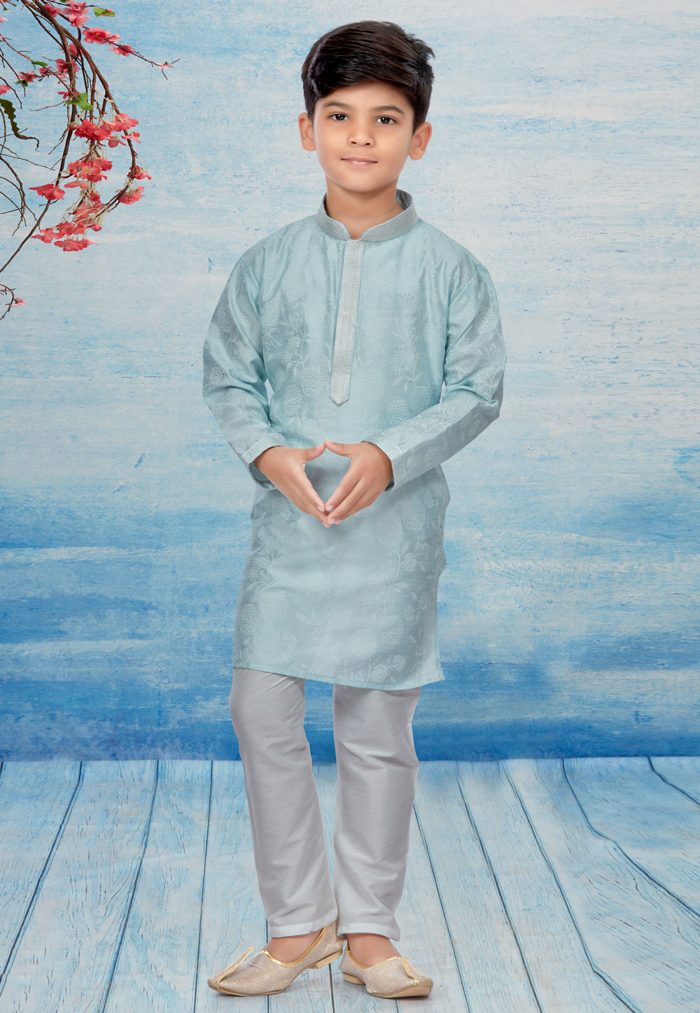 Sky Blue Silk Readymade Kids Kurta Pajama 257048