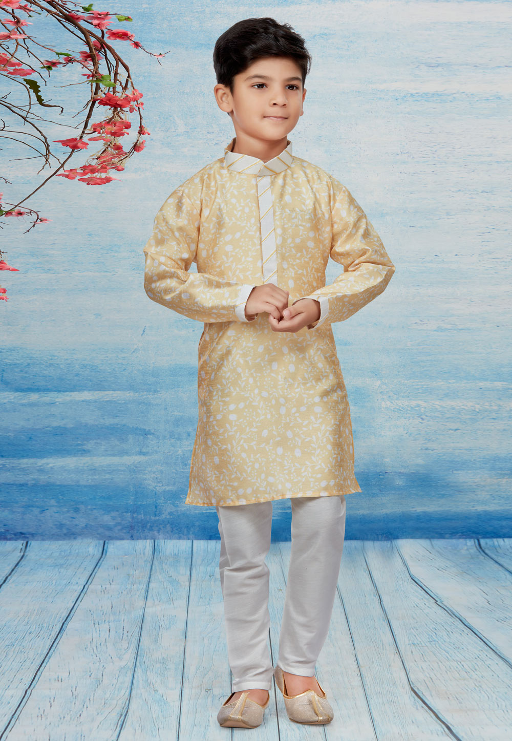 Beige Silk Readymade Kids Kurta Pajama 257054
