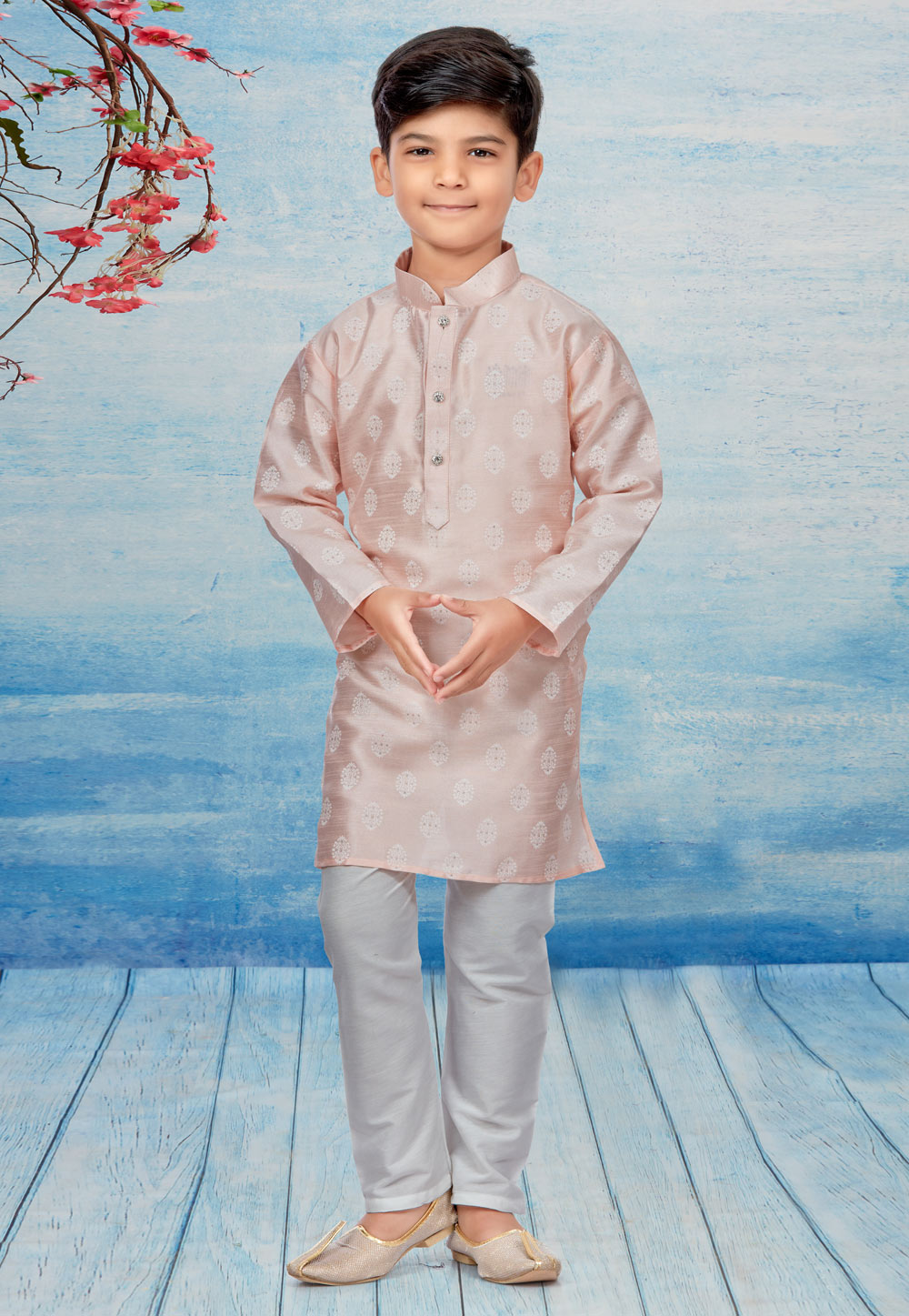 Light Pink Silk Readymade Kids Kurta Pajama 257055