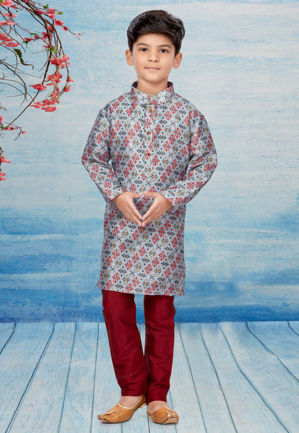 Grey Silk Readymade Kids Kurta Pajama 257056