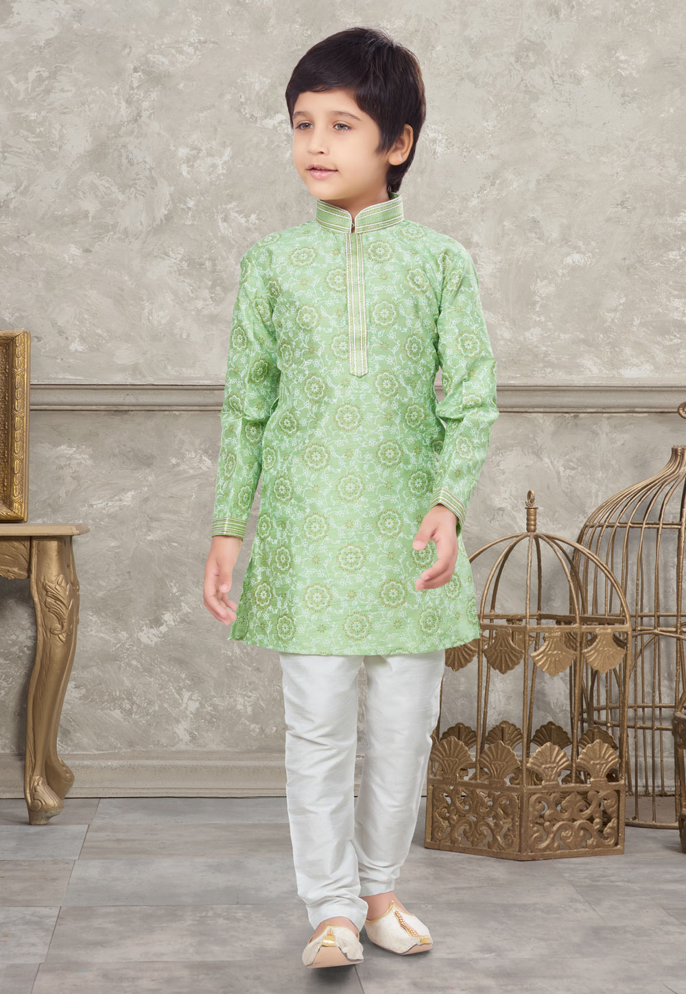 Pista Green Silk Kids Kurta Pajama 270984