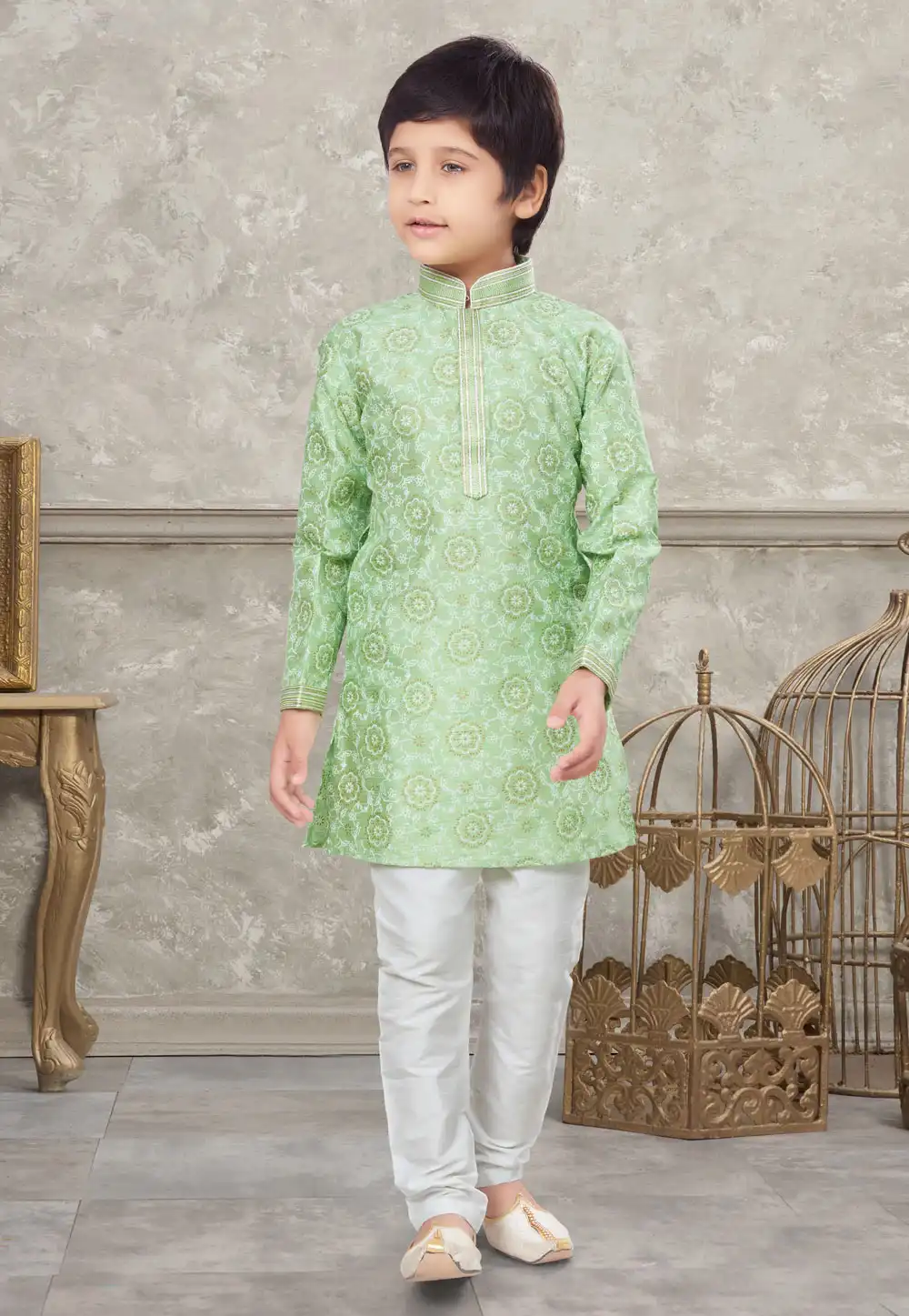 Pista Green Silk Kids Kurta Pajama 270984