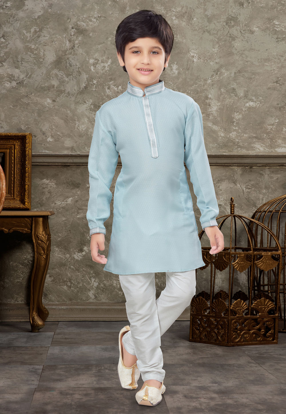 Sky Blue Silk Kids Kurta Pajama 270987