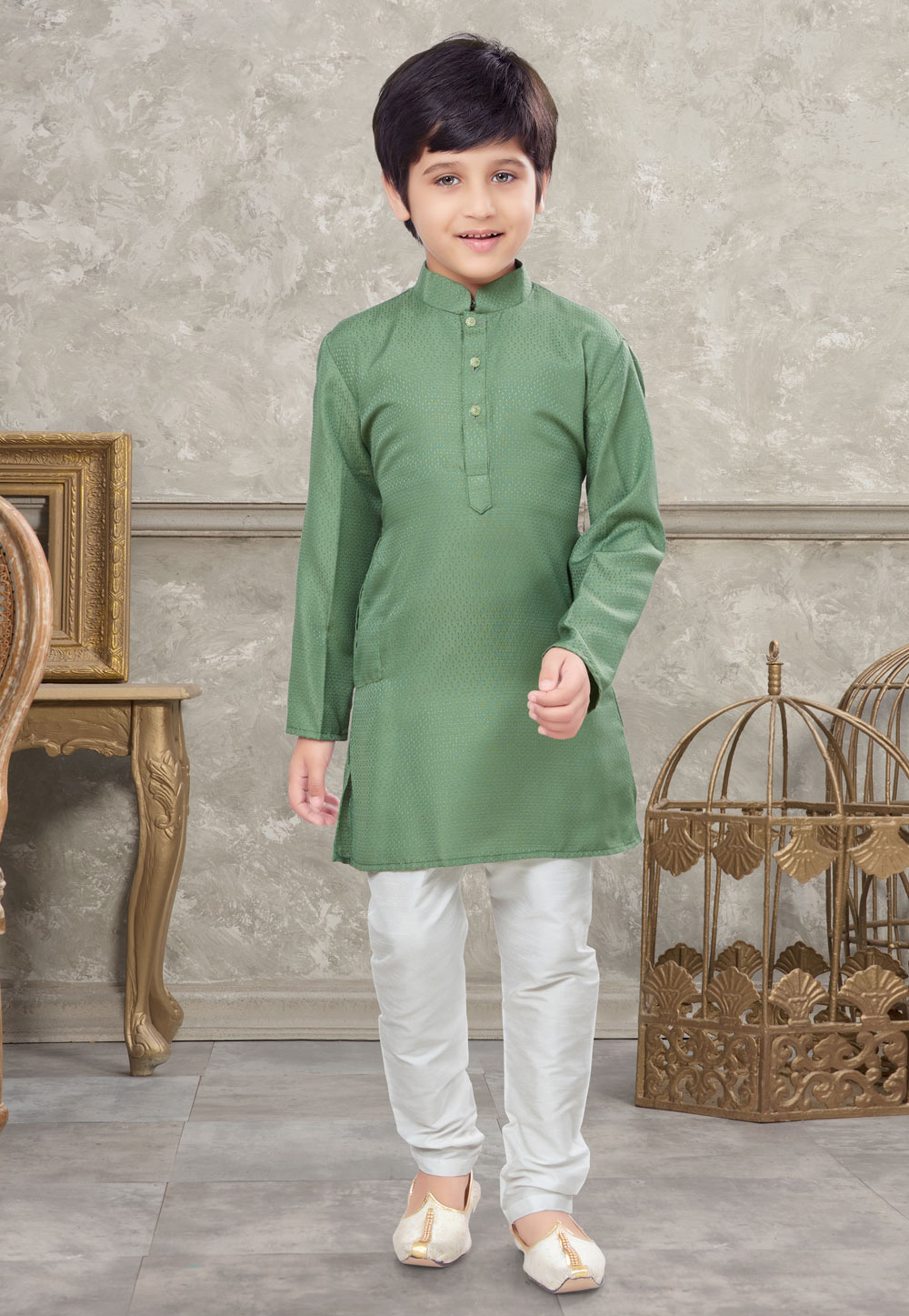 Sea Green Silk Kids Kurta Pajama 270988