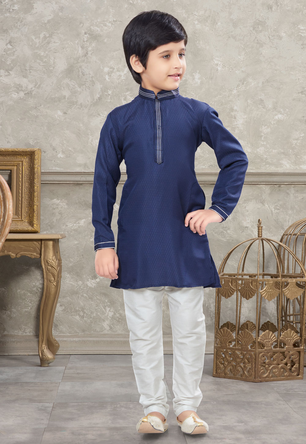 Navy Blue Silk Kids Kurta Pajama 270989