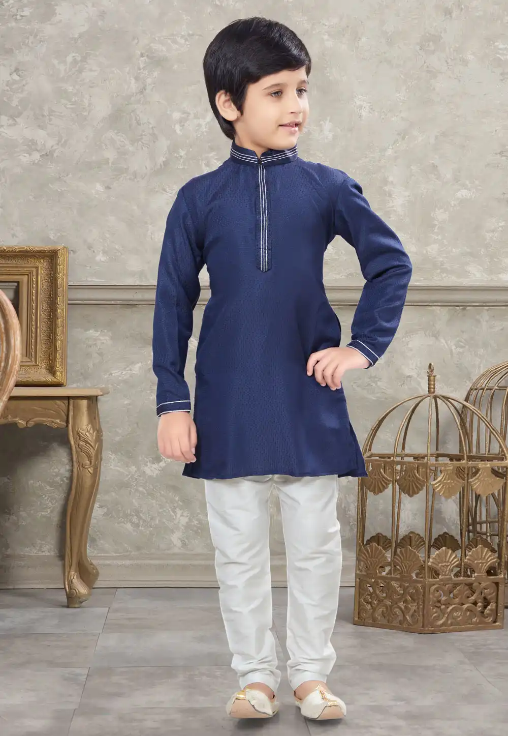 Navy Blue Silk Kids Kurta Pajama 270989