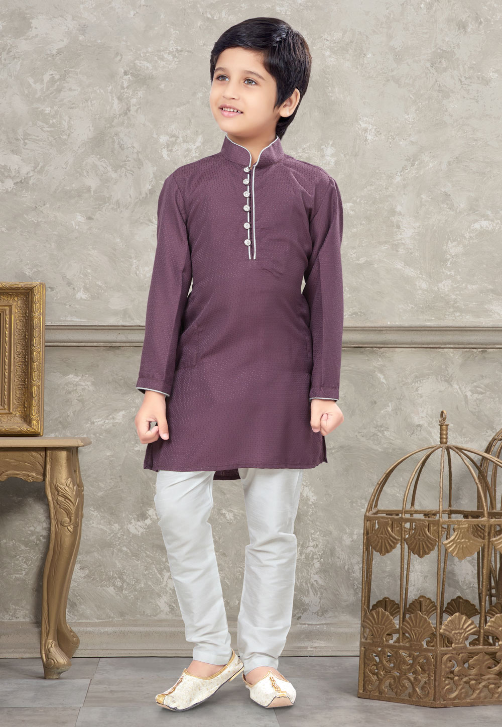 Light Purple Silk Kids Kurta Pajama 270992
