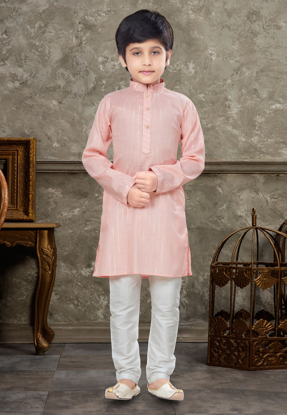 Light Pink Cotton Kids Kurta Pajama 270993