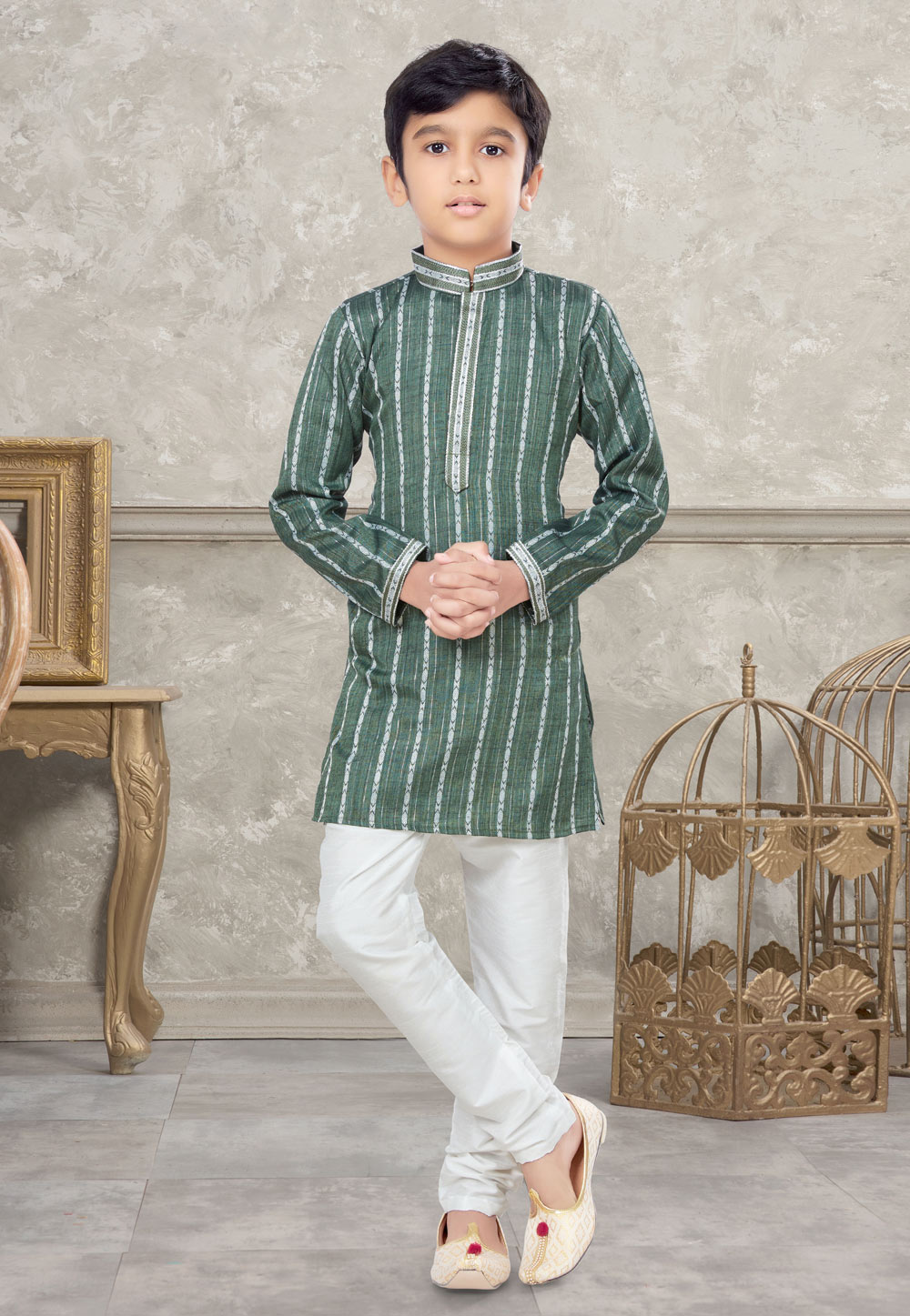Green Cotton Kids Kurta Pajama 270994