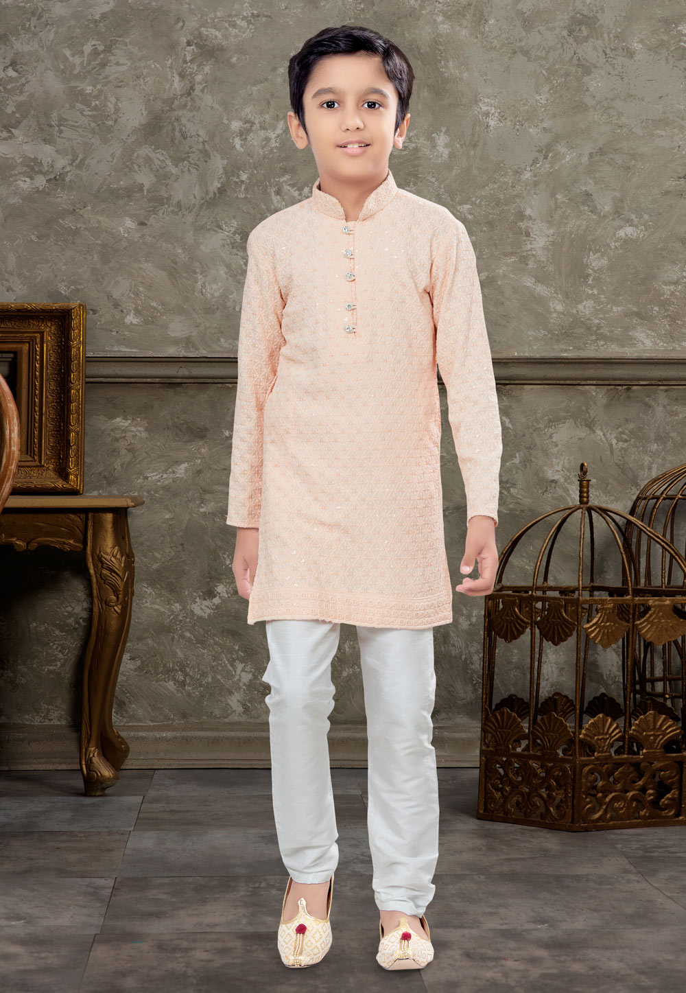 Peach Art Silk Kids Kurta Pajama 270995