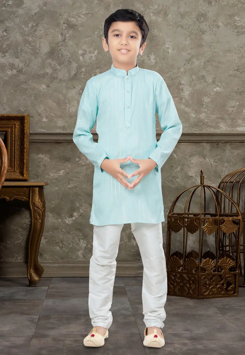 Sky Blue Cotton Kids Kurta Pajama 270996
