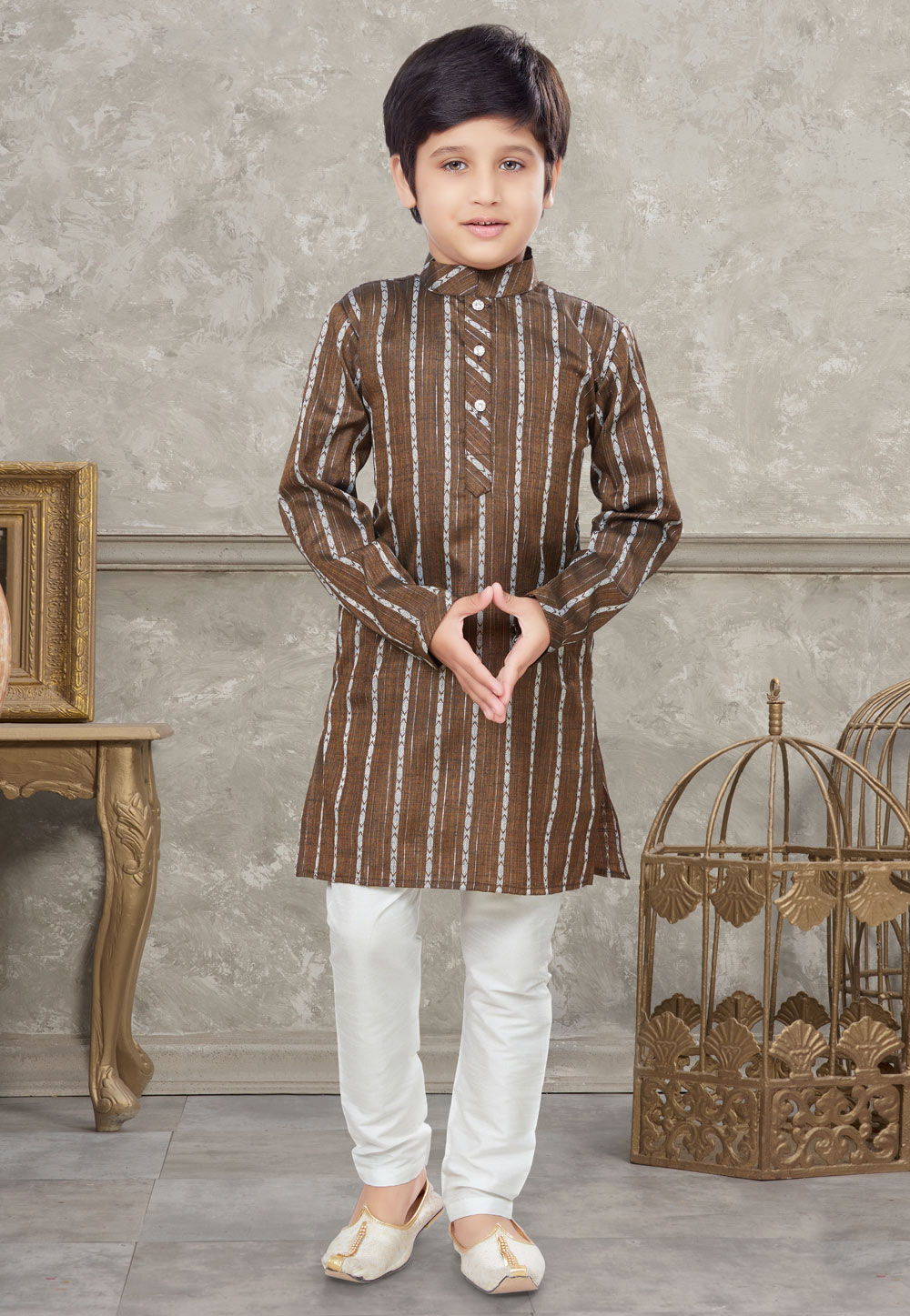 Brown Cotton Kids Kurta Pajama 270998