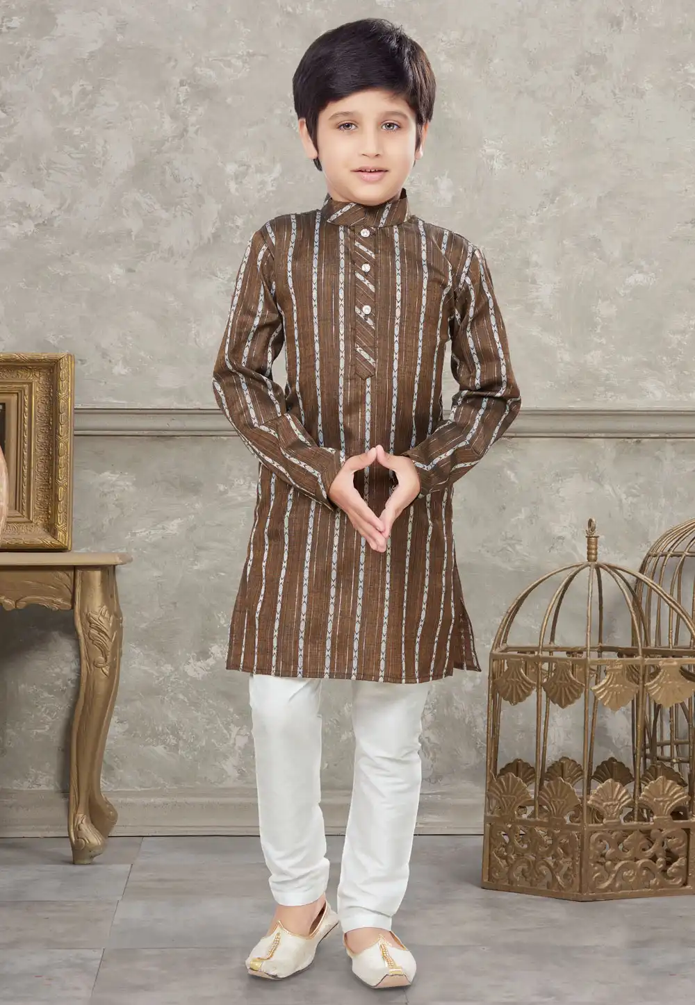 Brown Cotton Kids Kurta Pajama 270998
