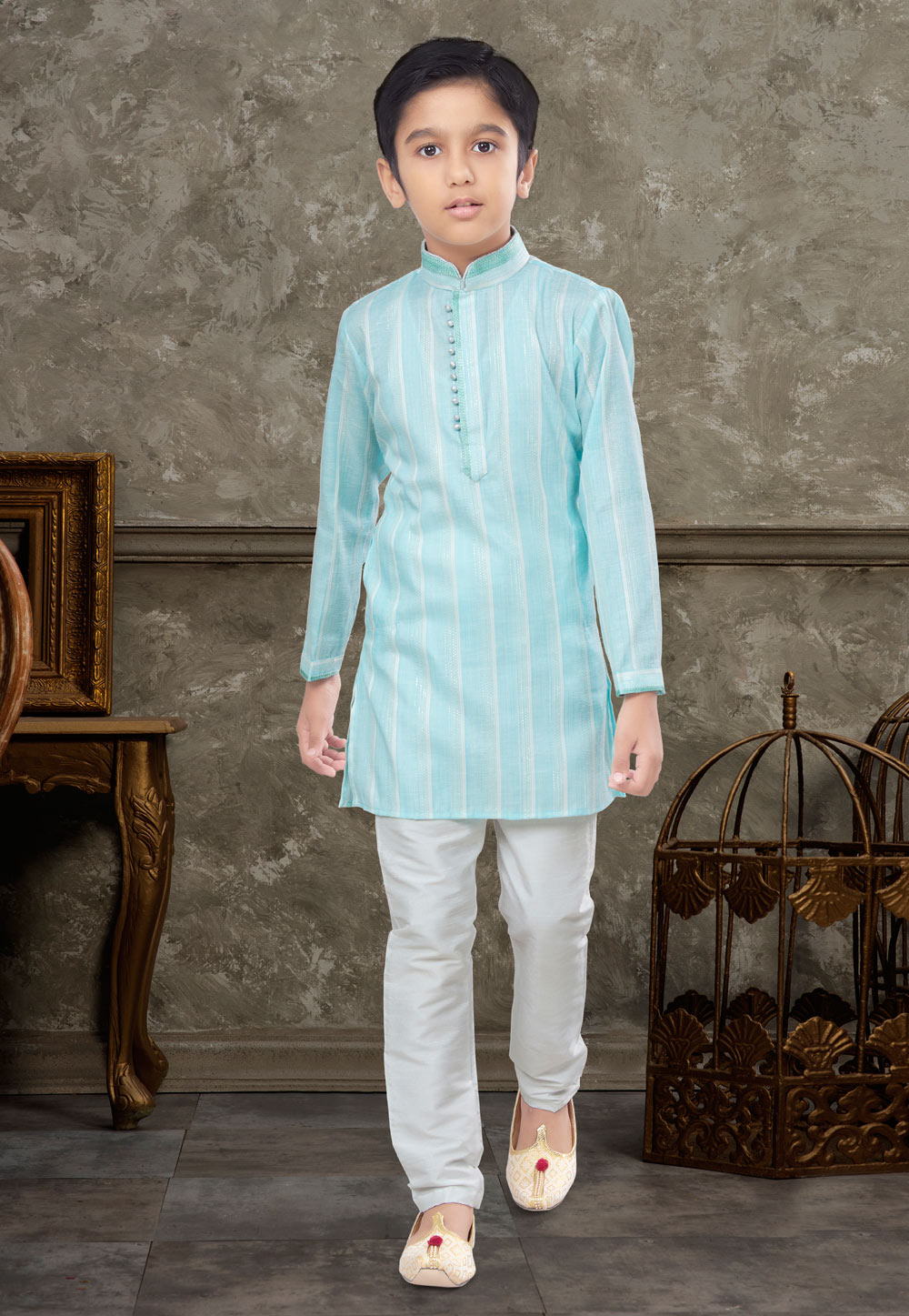 Sky Blue Cotton Kids Kurta Pajama 270999