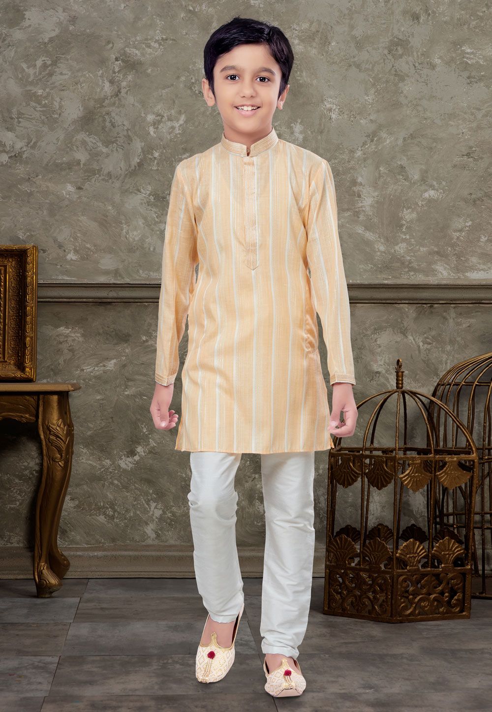 Peach Cotton Kids Kurta Pajama 271006