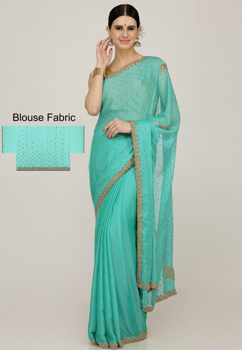 Aqua Chiffon Hand Work Festival Wear Saree 198167
