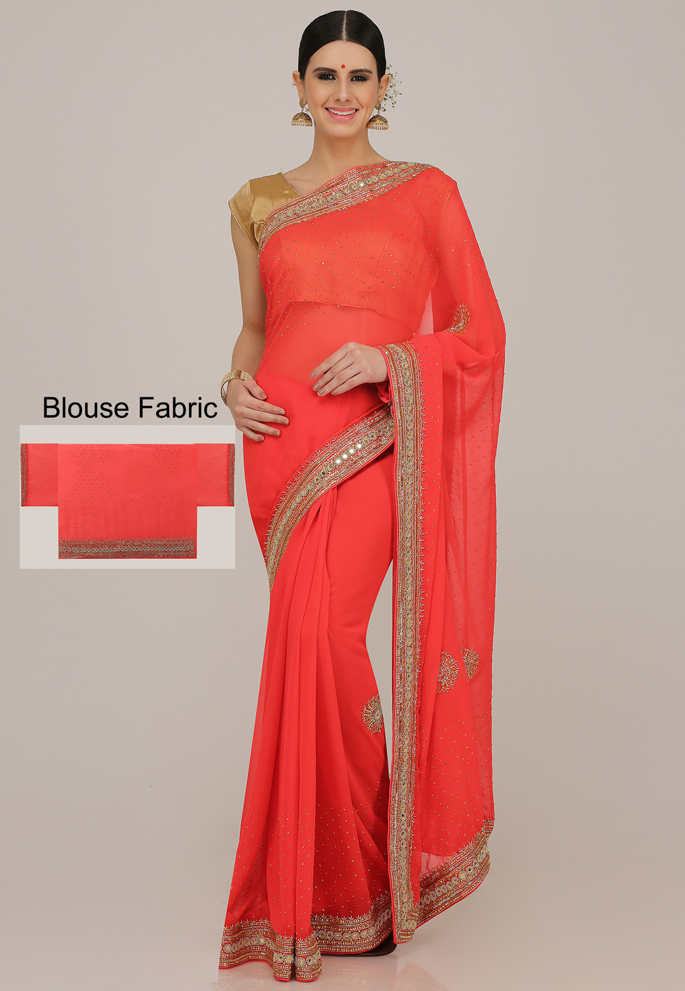 Red Georgette Hand Work Festival Wear Saree 198169