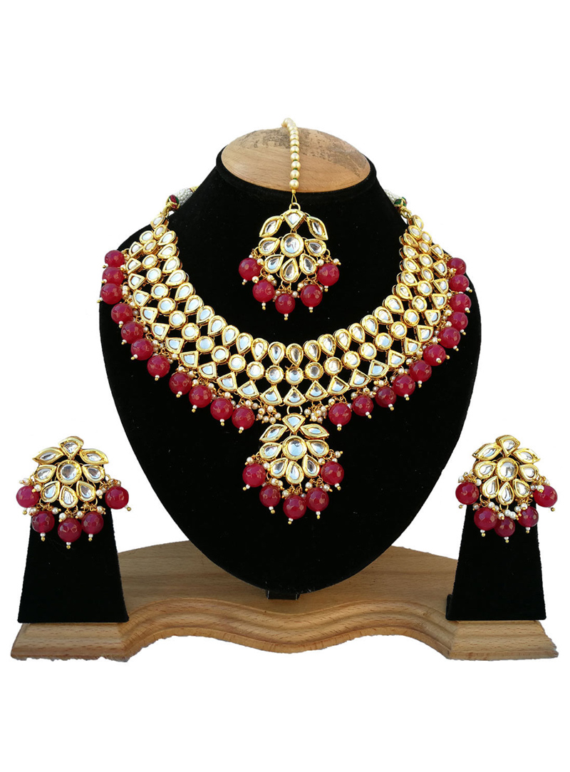 Pink Gold Plated Heavy Set Earrings and Maang Tikka  126663