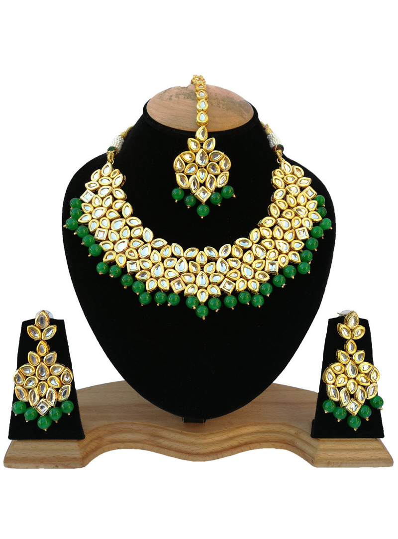 Green Gold Plated Heavy Set Earrings and Maang Tikka  126685