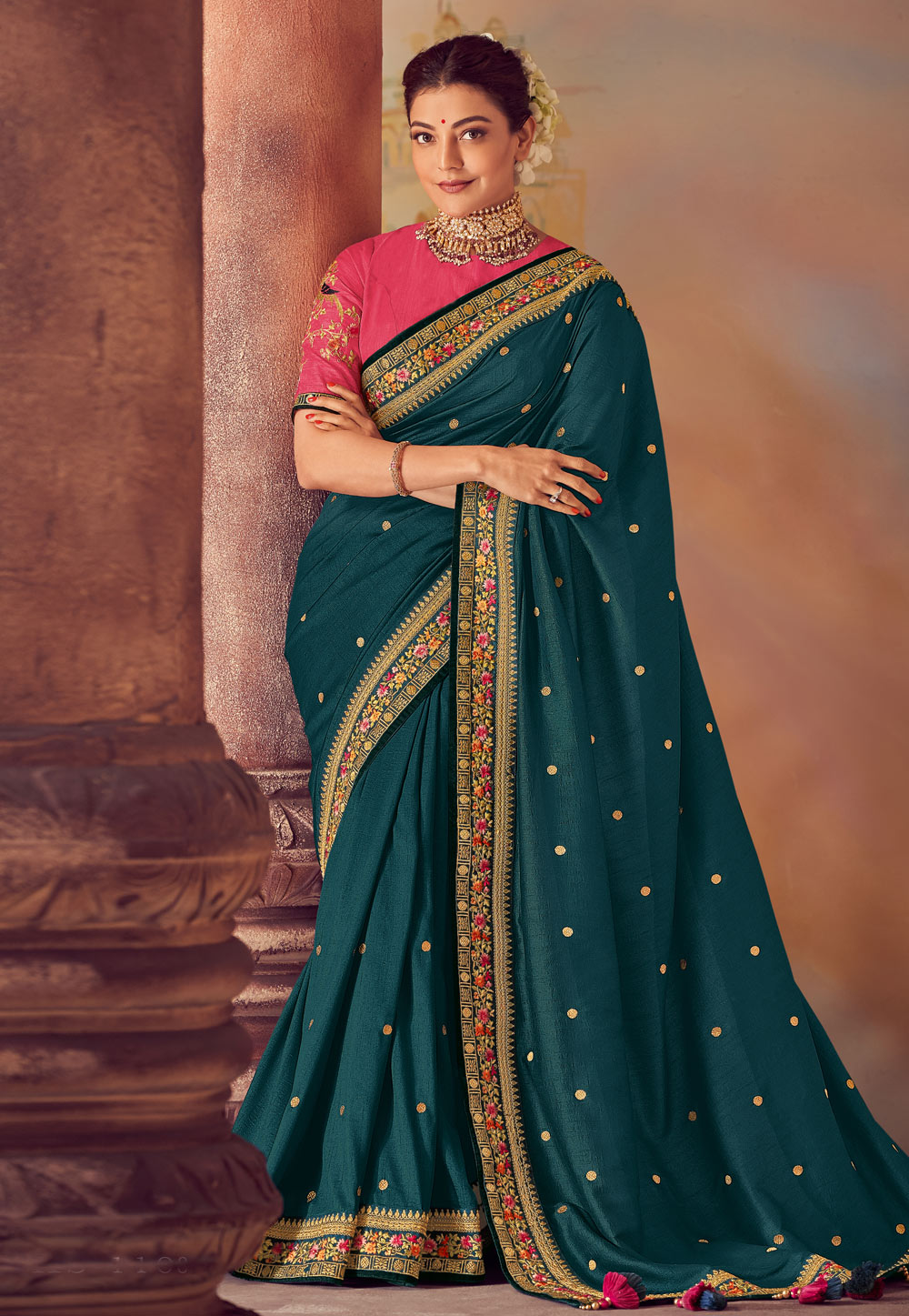 Kajal Aggarwal Teal Blue Silk Party Wear Saree 199479