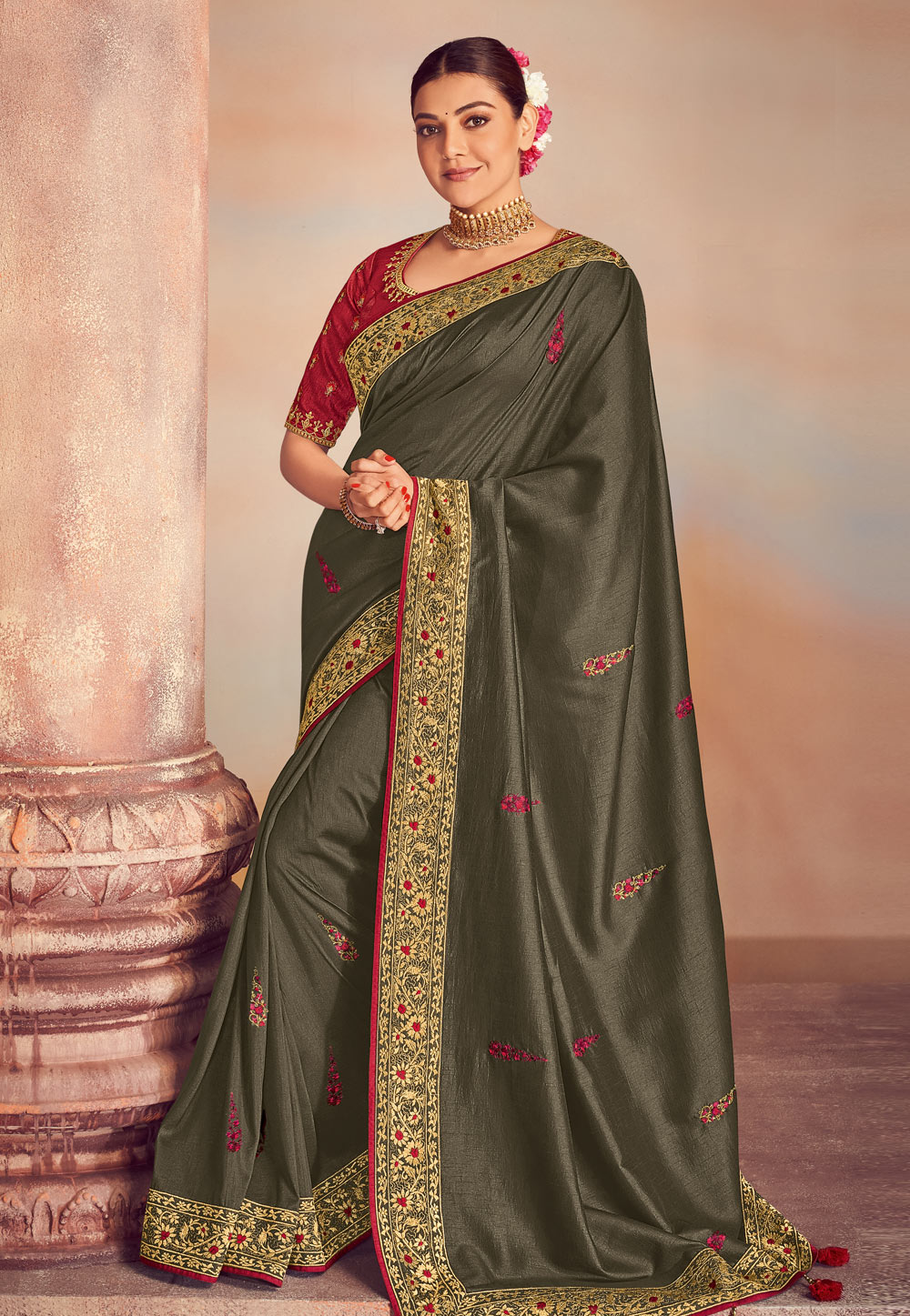 Kajal Aggarwal Dark Grey Silk Party Wear Saree 199483