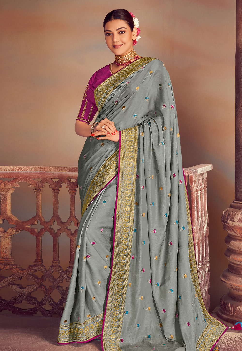 Kajal Aggarwal Grey Silk Festival Wear Saree 199484
