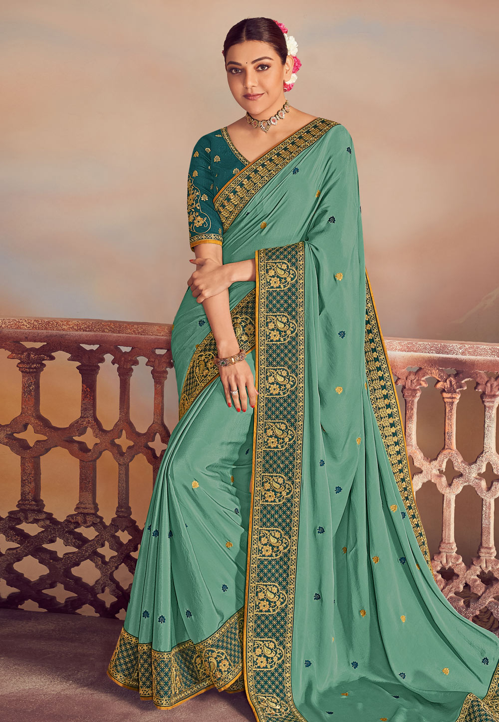 Kajal Aggarwal Sea Green Silk Party Wear Saree 199486