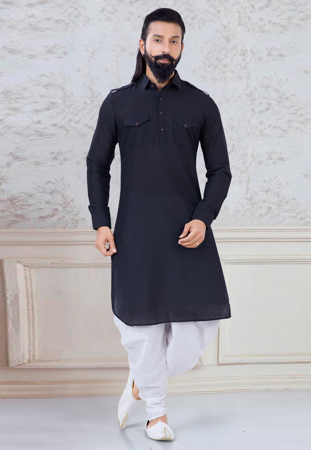 Black Cotton Pathani Kurta Pajama 245464