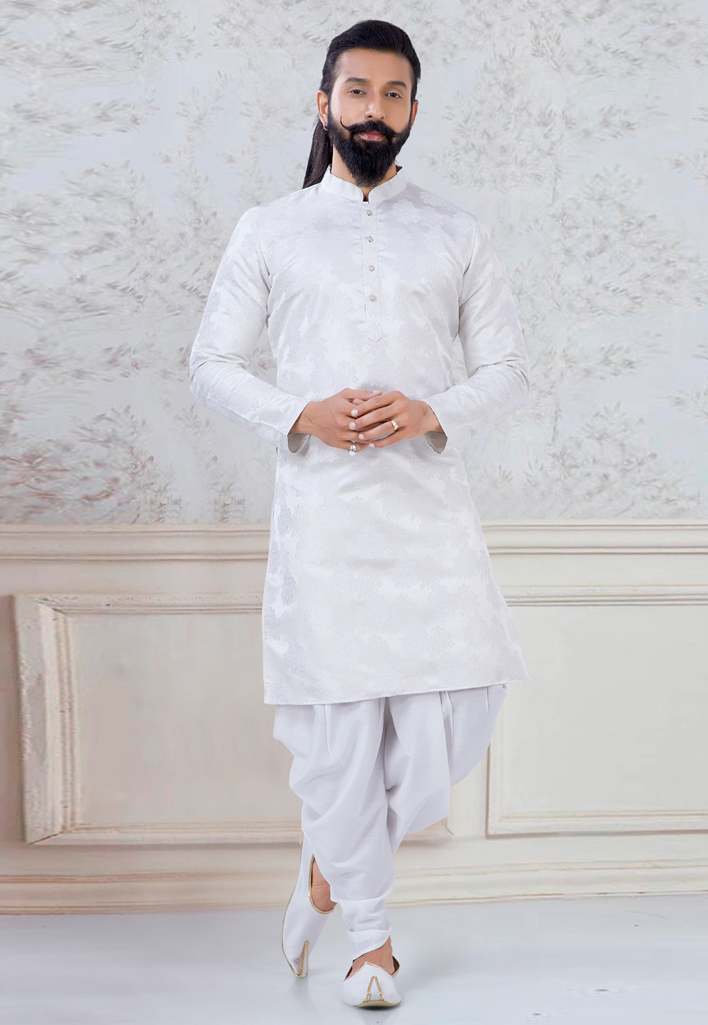 White Jacquard Dhoti Kurta 245465