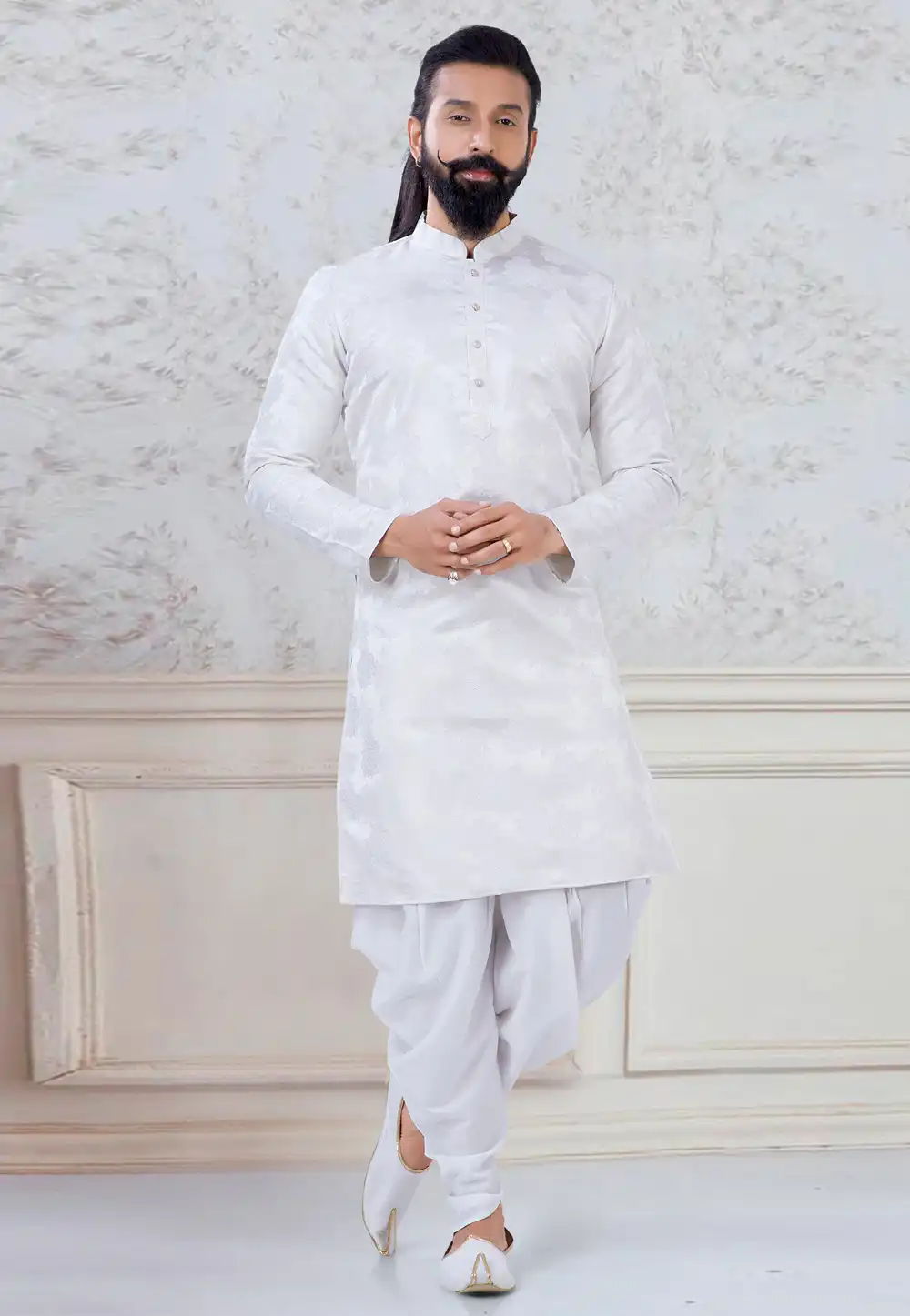 White Jacquard Dhoti Kurta 245465