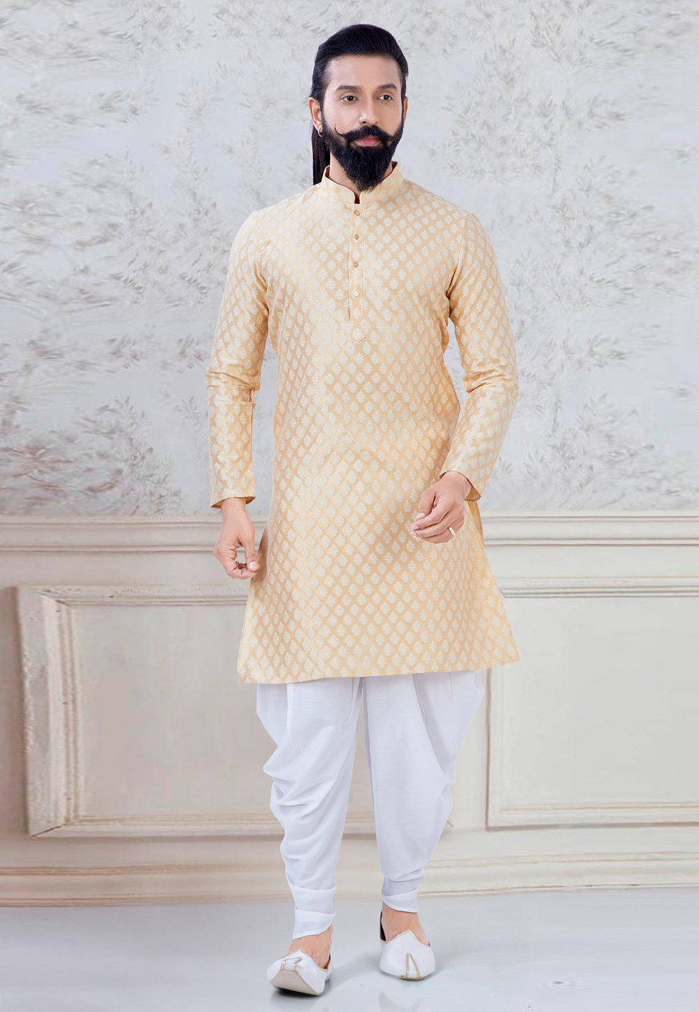 Beige Jacquard Silk Dhoti Kurta 245473