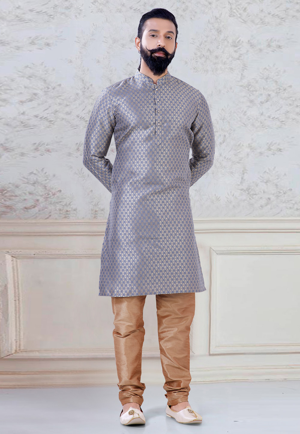 Grey Brocade Kurta Pajama 245479