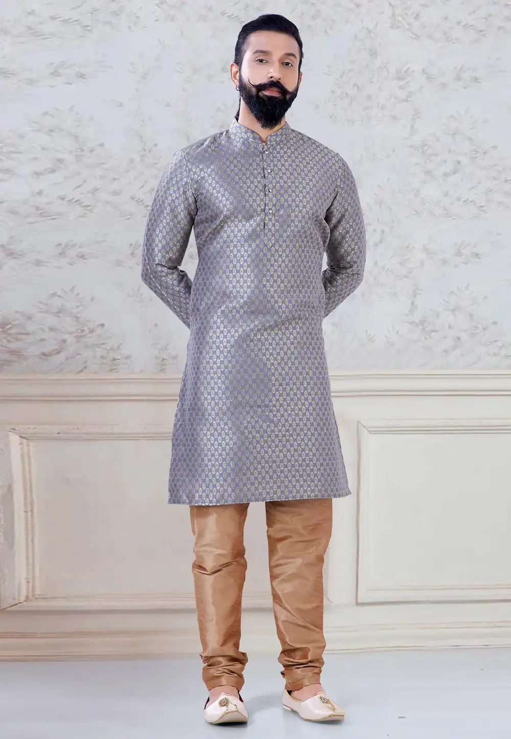 Grey Brocade Kurta Pajama 245479