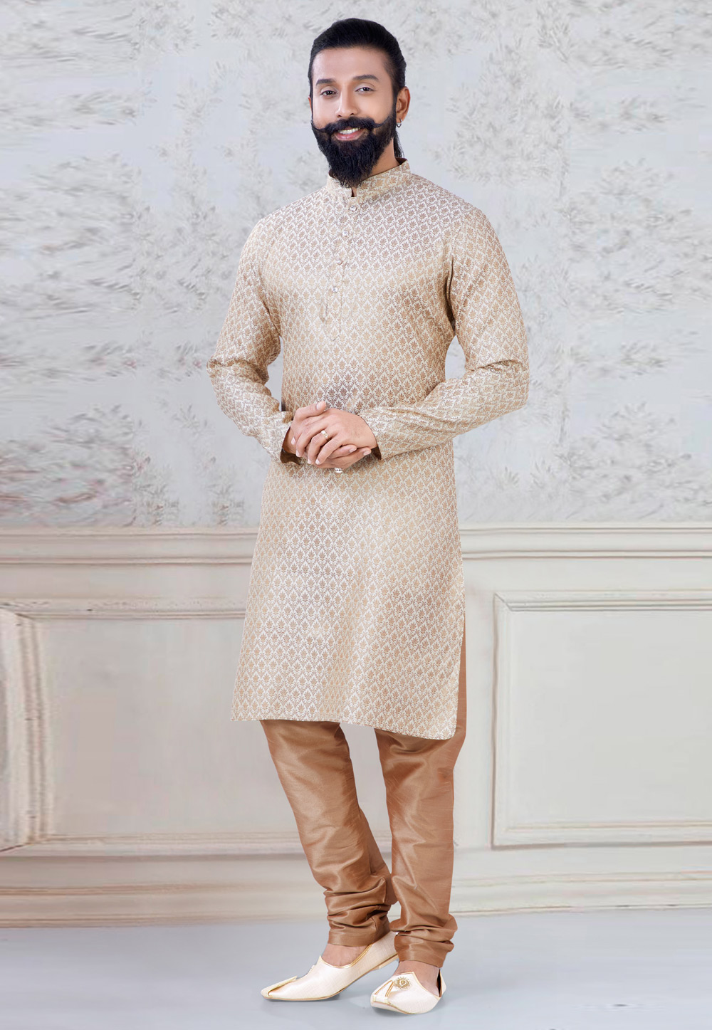 Beige Brocade Kurta Pajama 245480