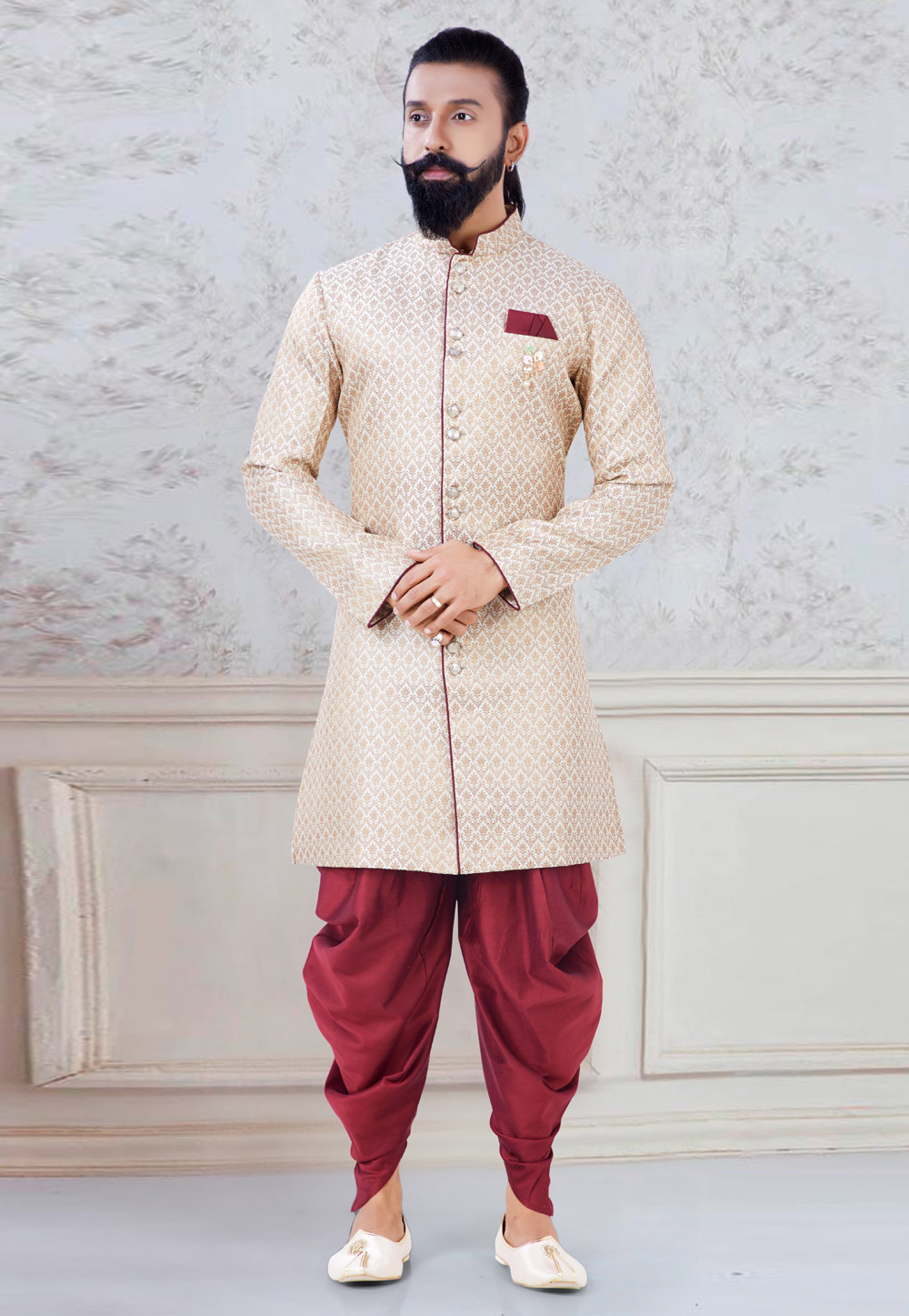 Beige Brocade Indo Western Suit 245483