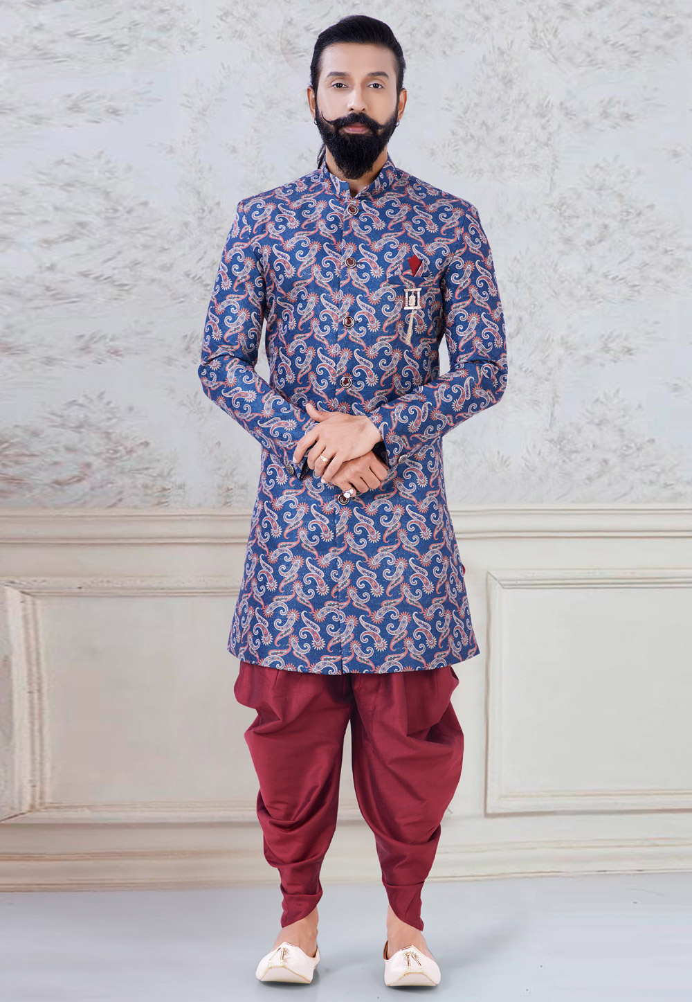 Blue Jacquard Indo Western Suit 245484