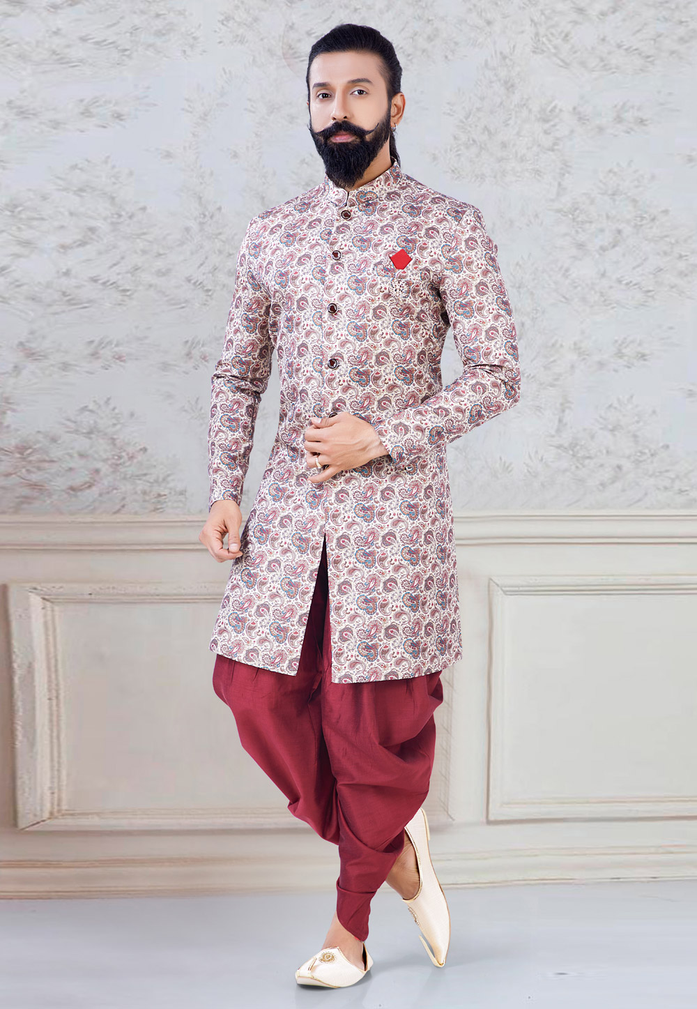 Cream Jacquard Indo Western Suit 245485