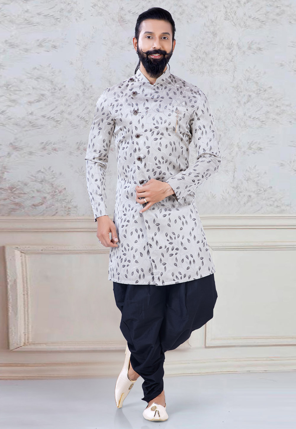 Grey Jacquard Indo Western Suit 245486
