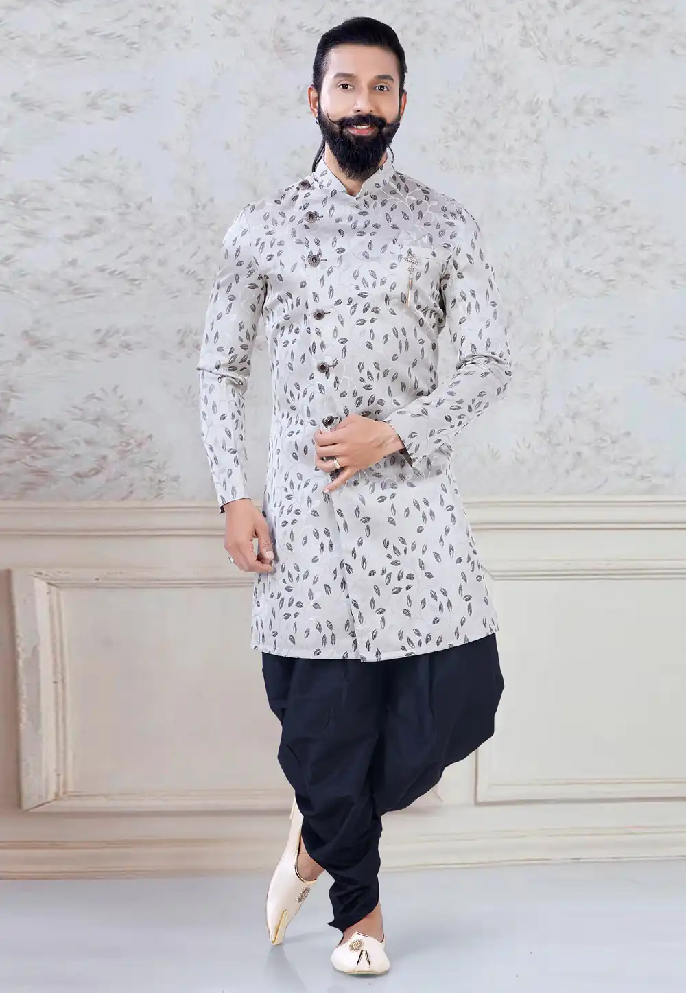 Grey Jacquard Indo Western Suit 245486