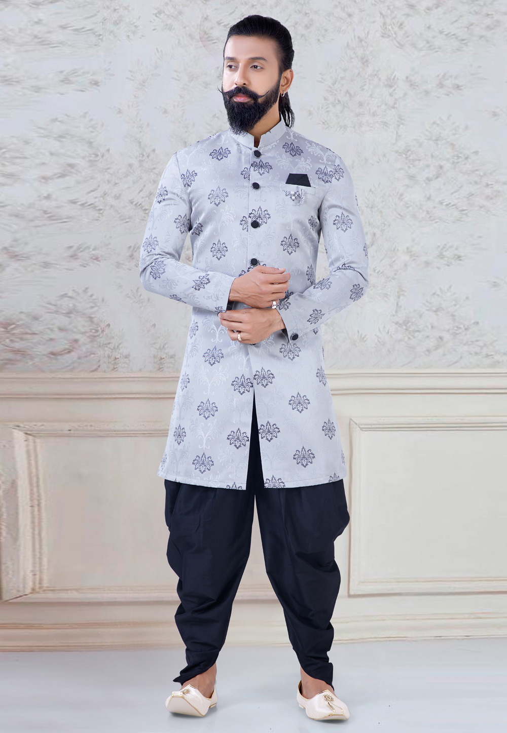 Grey Jacquard Indo Western Suit 245487
