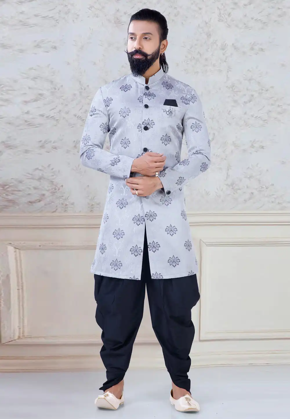 Grey Jacquard Indo Western Suit 245487