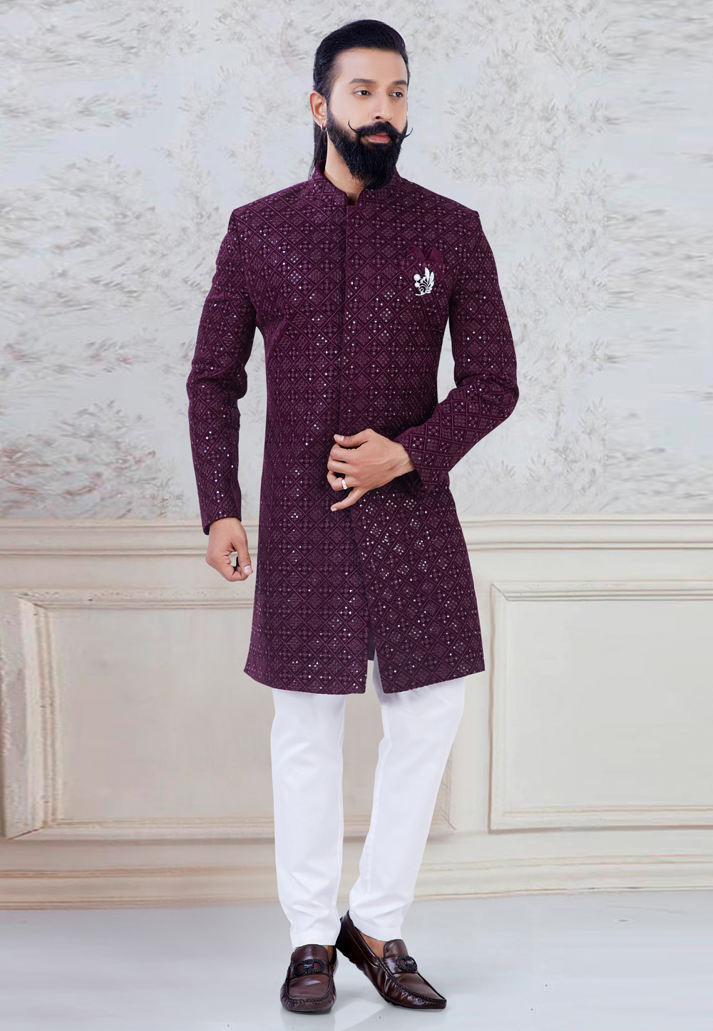 Wine Velvet Indo Western Suit 245439