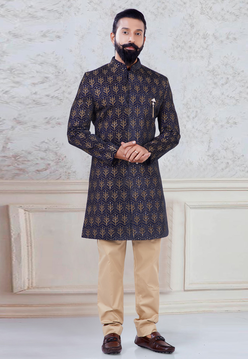 Navy Blue Velvet Indo Western Suit 245442